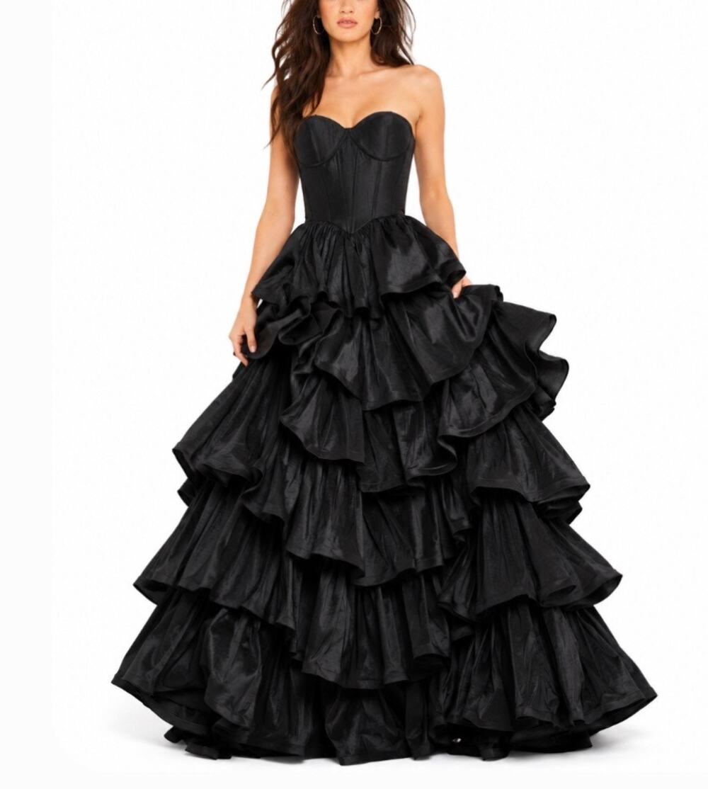 Jovani 36619A Black Evening Gown Strapless Ruffled Corset A-Line Dress Size 10